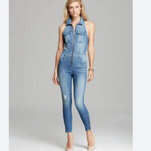 Guess Denim Jumpsuit Blue Front Zip Sleeveless Sexy Street Style Concerts Y2K